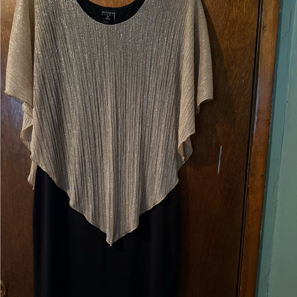 Enfocus Studio Black Midi Dress with Shimmery Cream Capelet